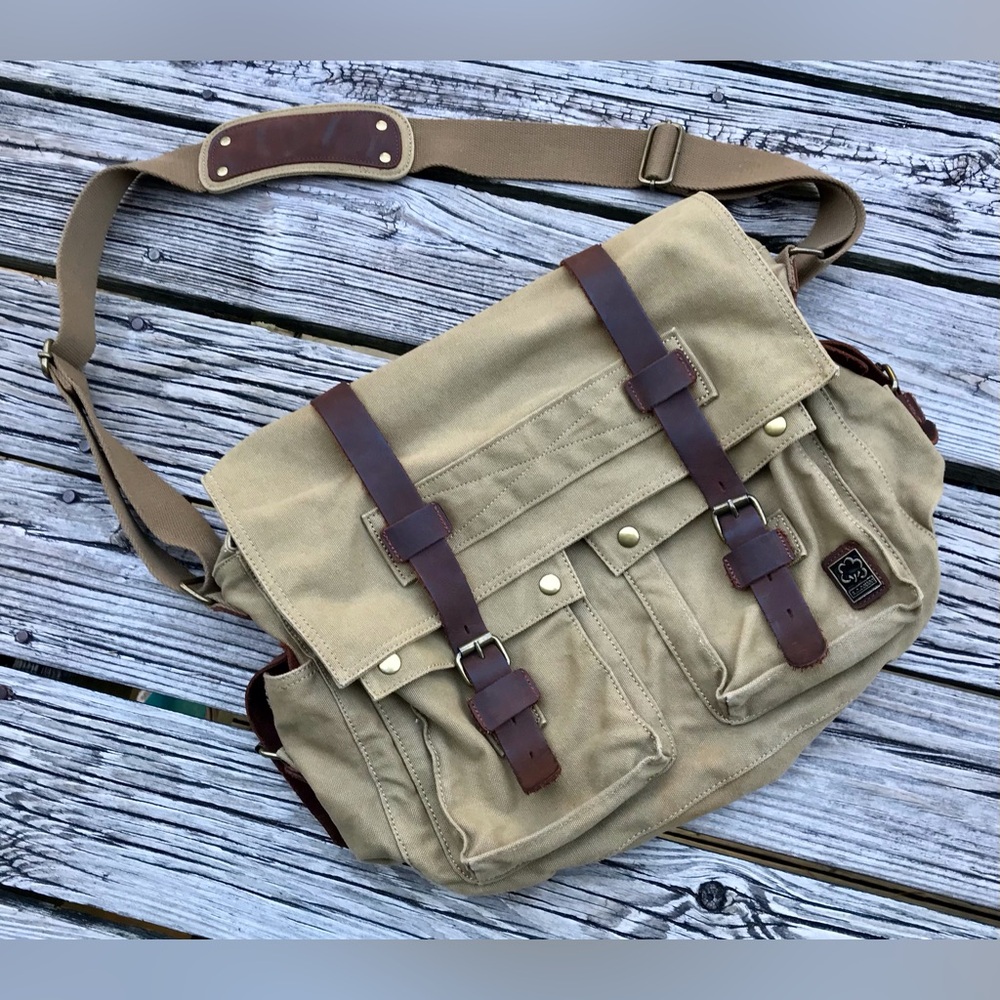 S.C. Cotton Canvas & Leather Lined Shoulder Bag Satchel Bookbag Backpack School